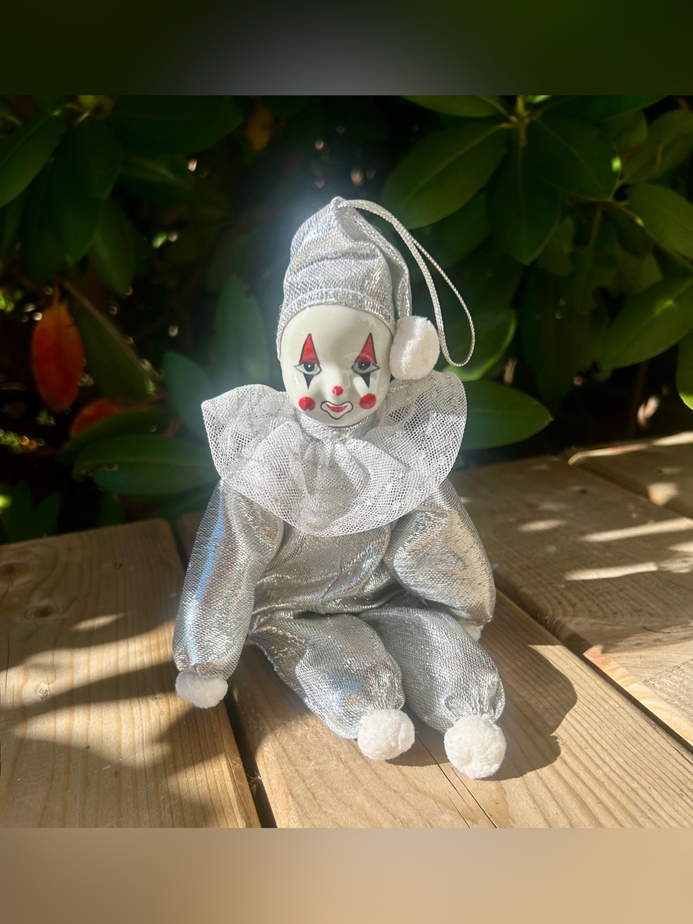 Vintage Miniature Porcelain Clown Mime Doll with Sparkly Silver Costume